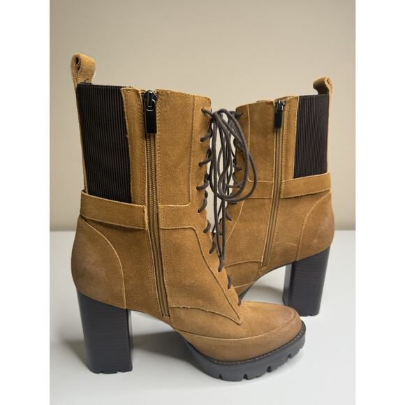 Charles David Gimmick Heeled Combat Boot Womens 10M Wheat Nubuck Leather Zip - Picture 5 of 11